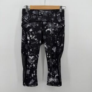 Lululemon Women Black White Tie Dye Crop Leggings Size 4 Zipper Pocket Capris